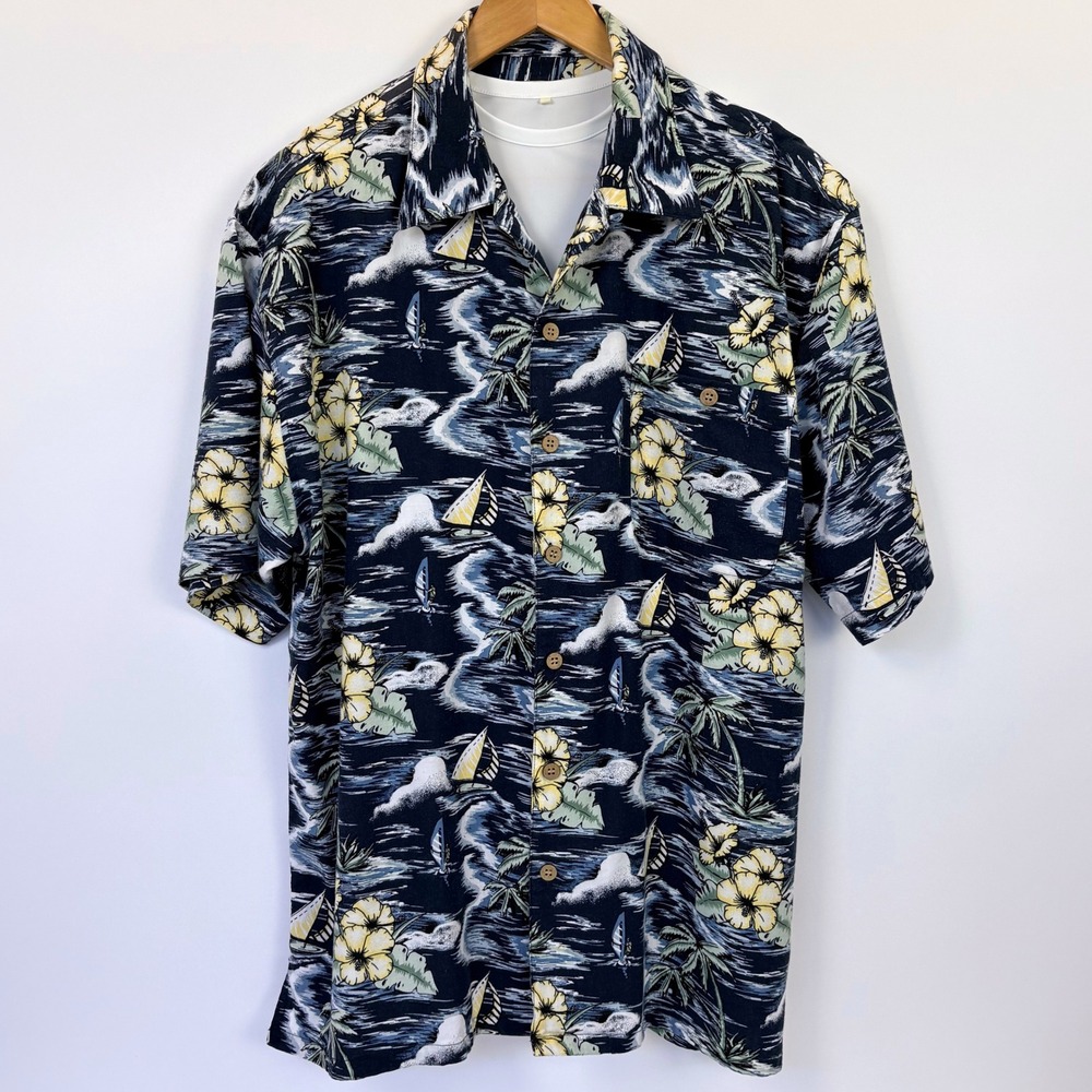 Vtg 90s Summa Hawaiian Shirt L Oversized Loop Collar Sailboat Hibiscus Rayon